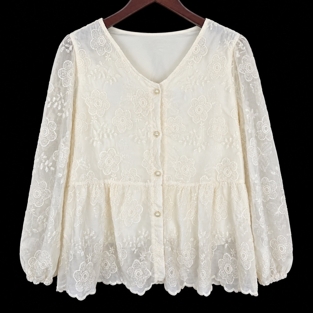Top Sz M Cotton Gauze Peplum Embroidered Cottage Long Sleeve Cream Ruffle Boho
